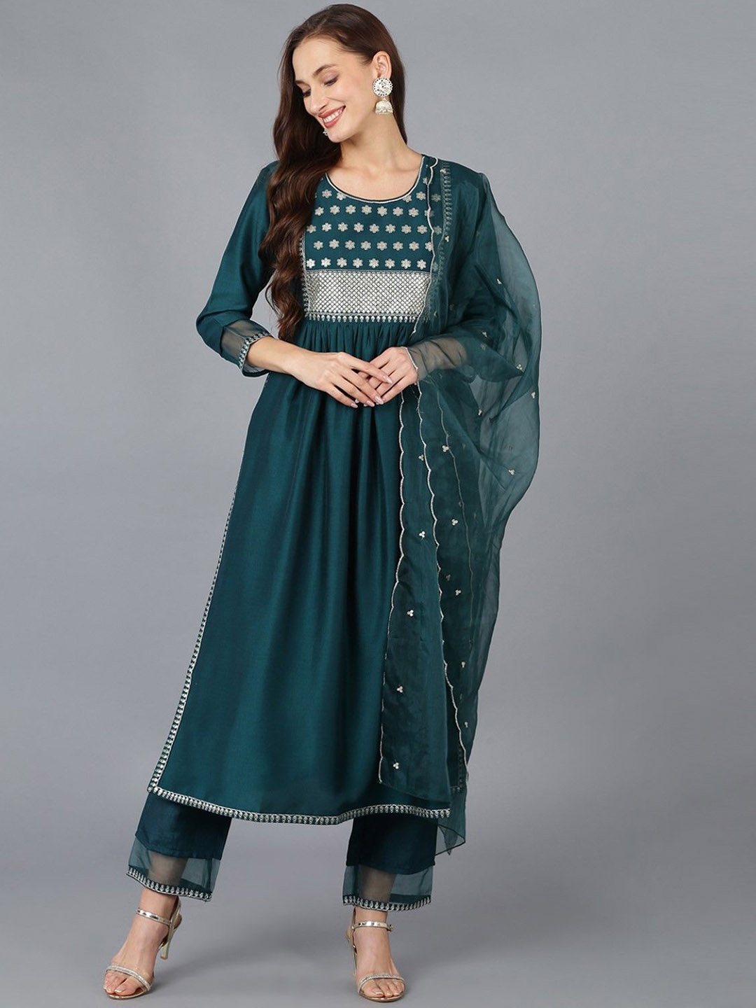 

AHIKA Women Floral Embroidered Pleated Sequinned Kurta with Trousers & With Dupatta, Teal