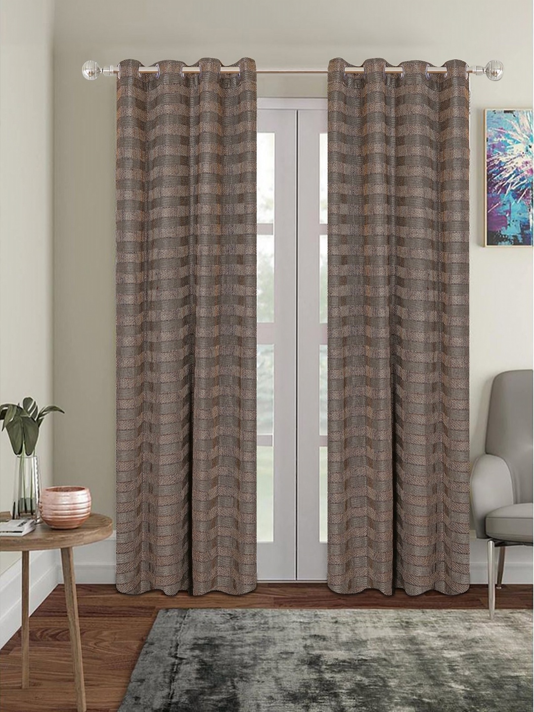 

Myntra Elegant Homes Brown 2 Pieces Striped Room Darkening Door Curtain