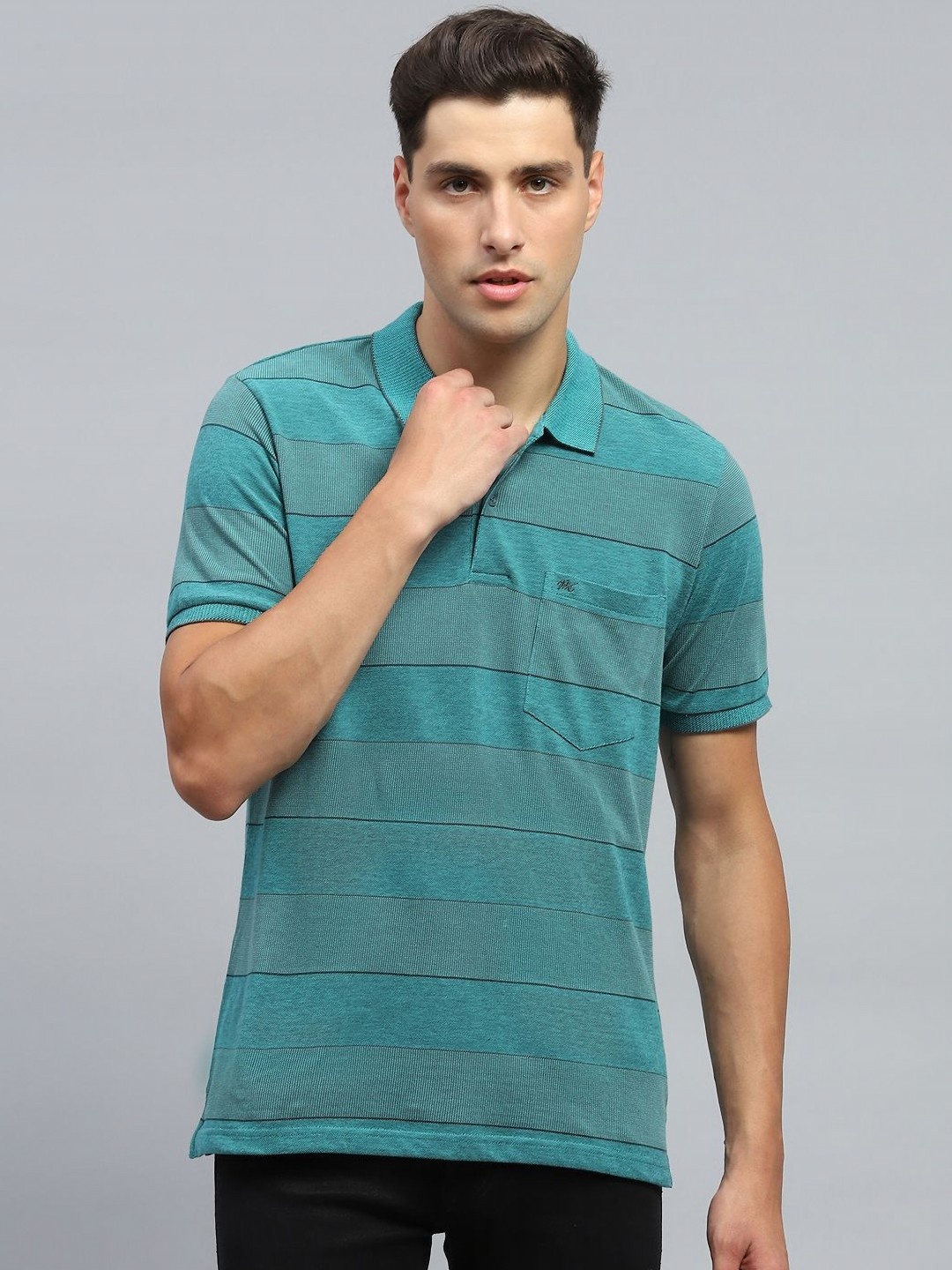 

Monte Carlo Men Striped Polo Collar Cotton T-shirt, Green