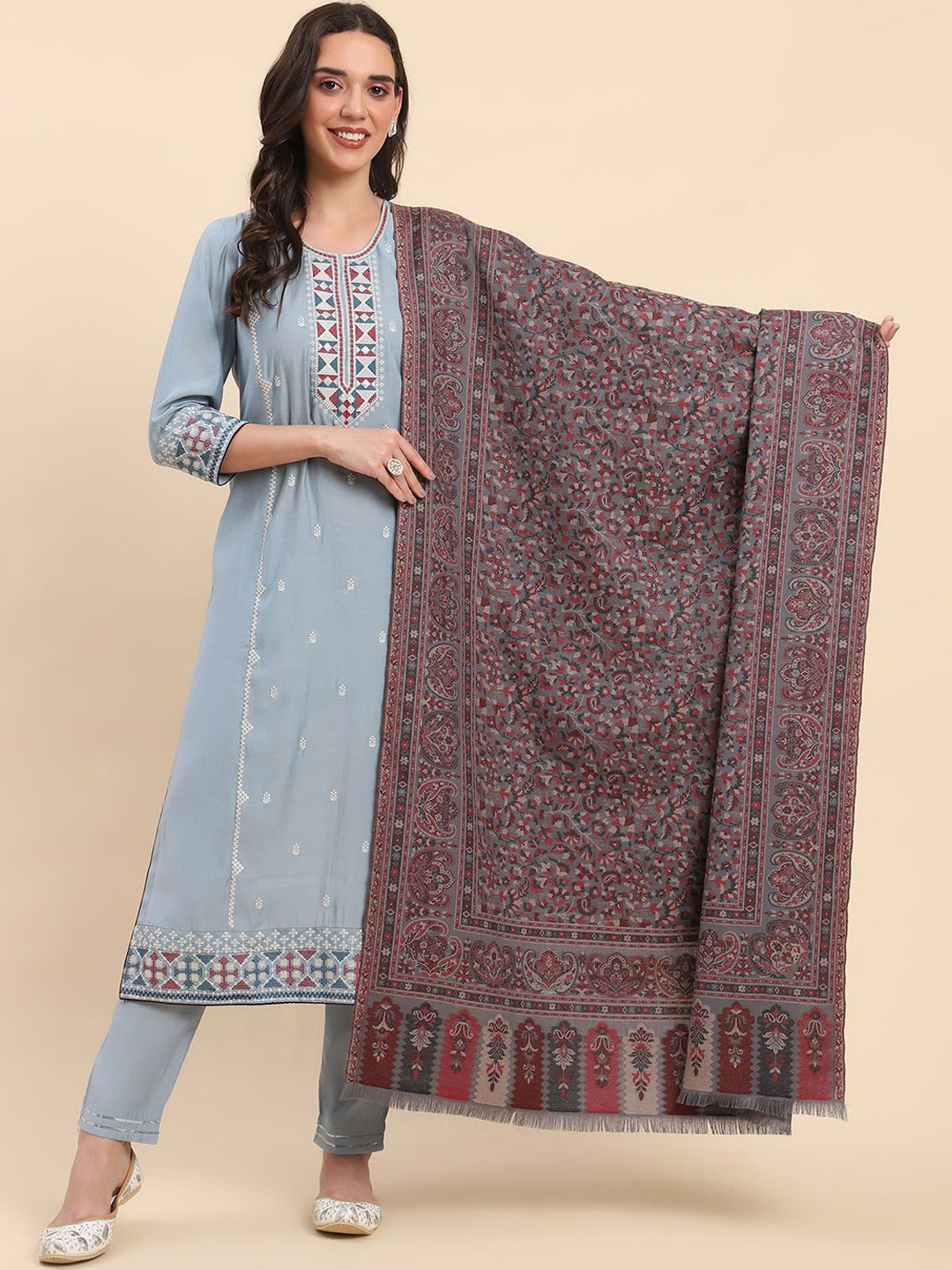 

La Vastraa Women Floral Woven Design Shawl, Grey