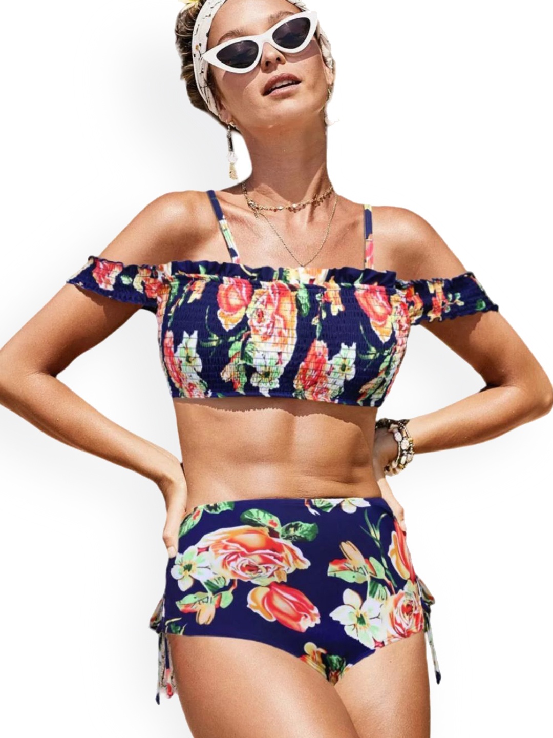 

ANGEL CROSHET Floral Printed Off-Shoulder Swim Bikini Set, Blue