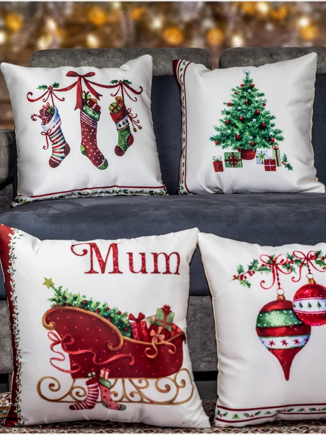 

Vendola White & Red 4 Pieces Christmas Tree Printed Satin Square Cushion Covers