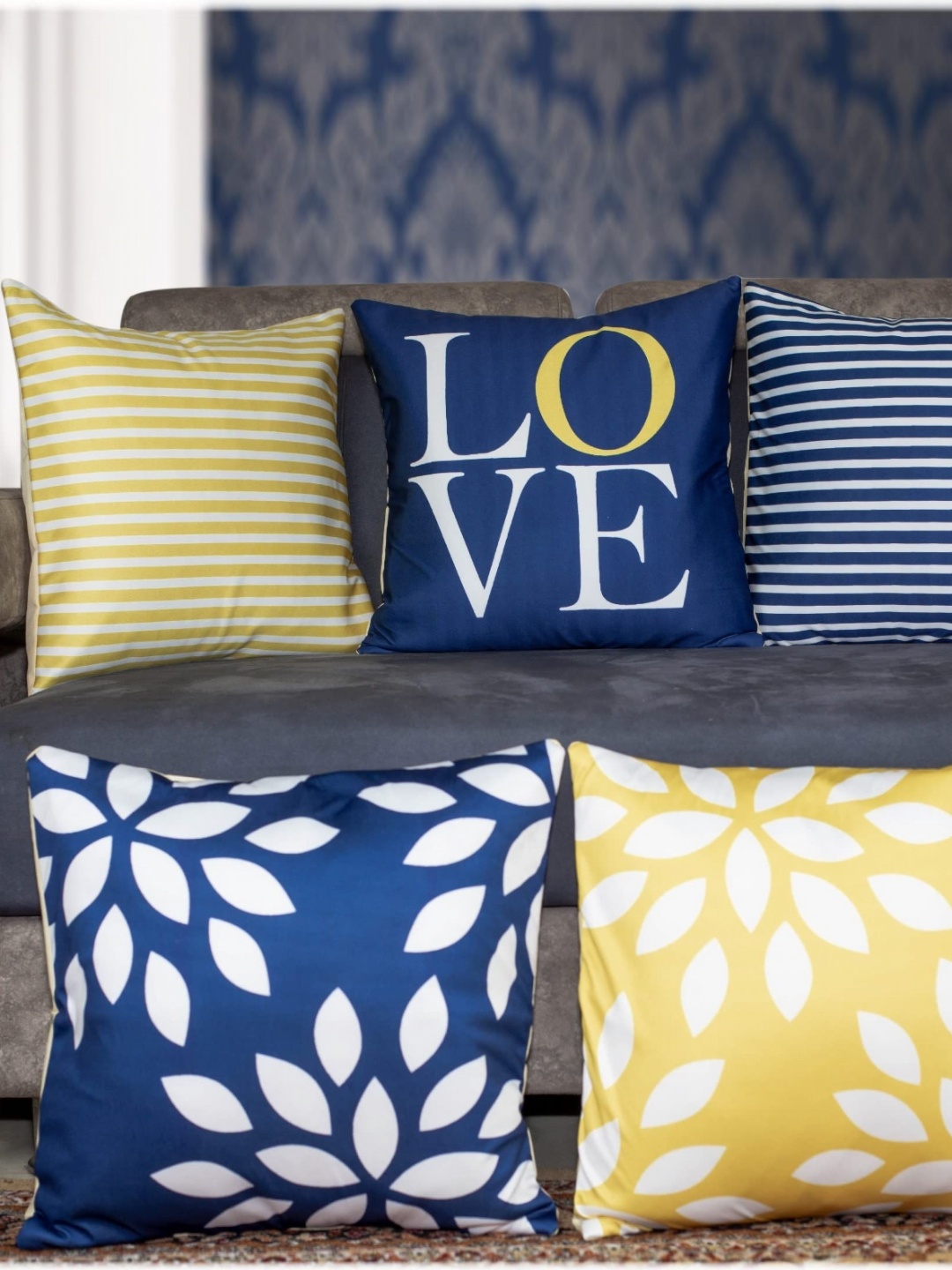 

Vendola Blue & Yellow 5 Pieces Geometric Square Cushion Covers