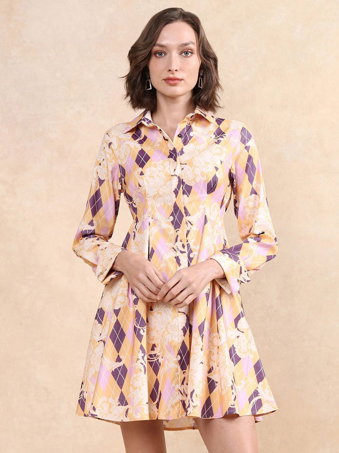 

RAREISM Women Printed Fit & Flare Dress, Beige