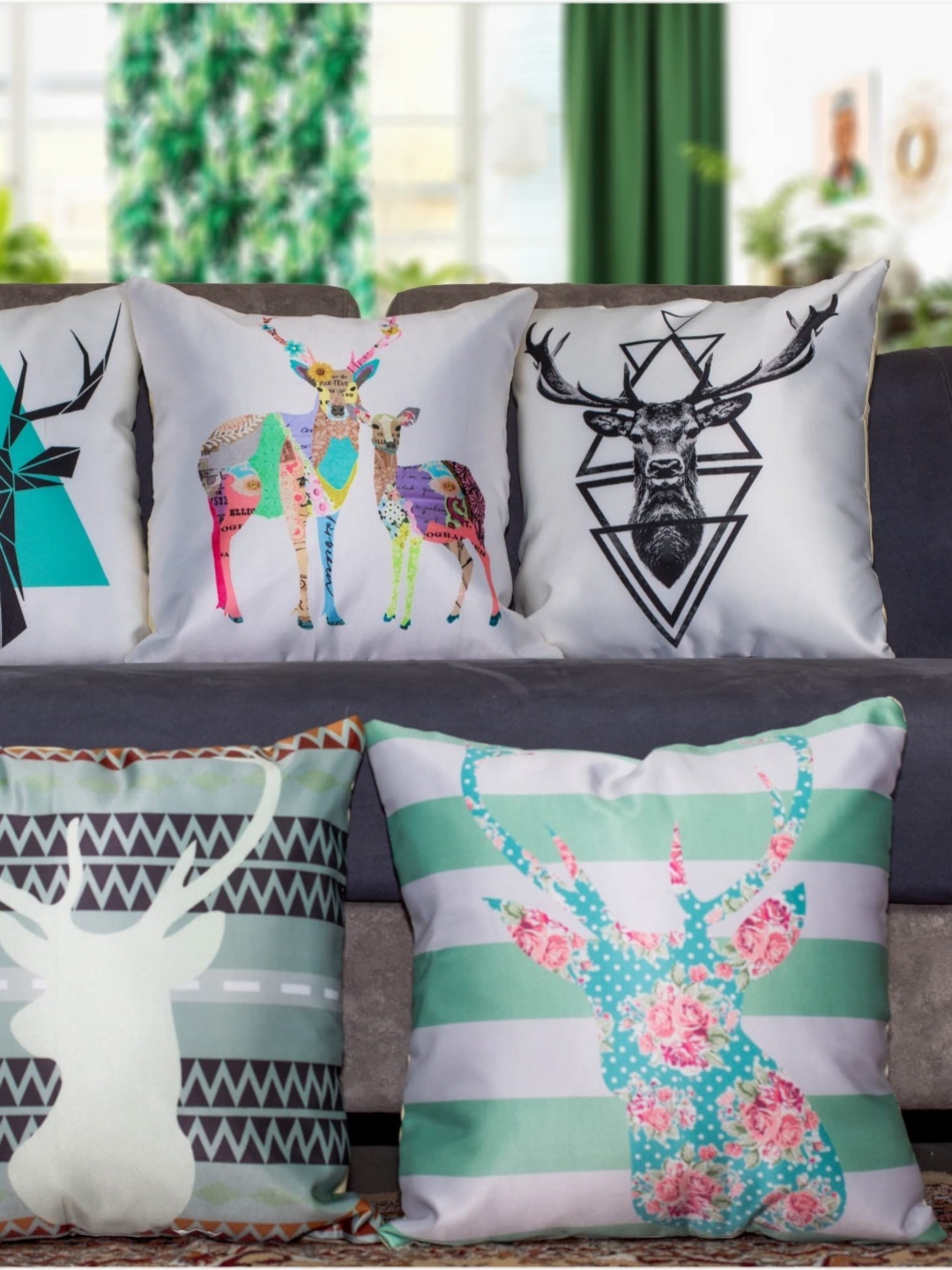 

Vendola Green & Grey 5 Pieces Ethnic Motifs Printed Satin Square Cushion Covers