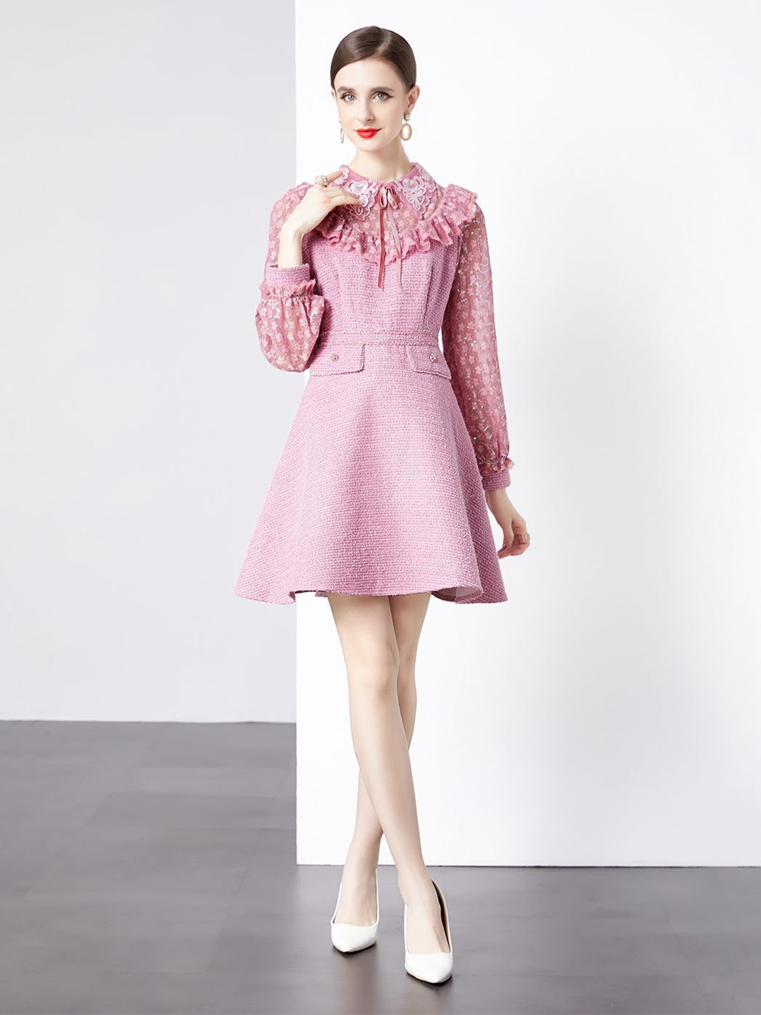 

JC Collection Women Tie-Up Neck Self Design A-Line Dress, Pink