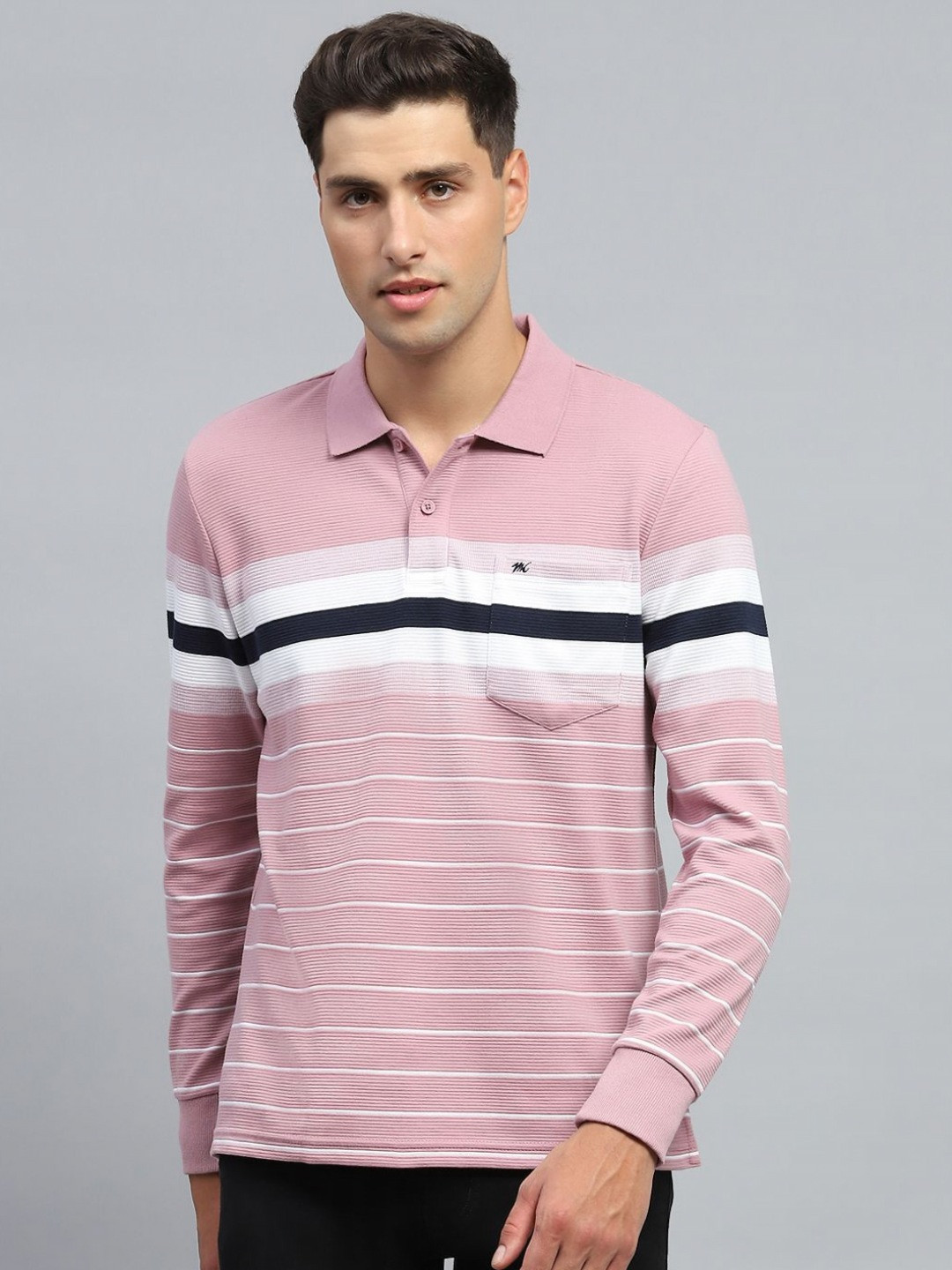 

Monte Carlo Men Striped Polo Collar Cotton T-shirt, Pink