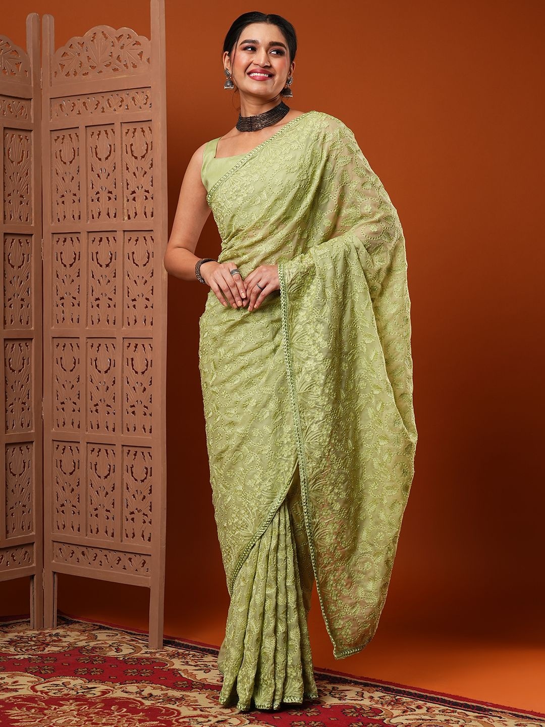 

KALINI Floral Embroidered Organza Saree, Green