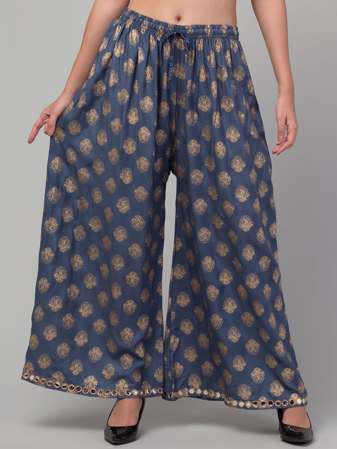 

FAMBEE Women Ethnic Motifs Printed Flared Knitted Palazzos, Grey