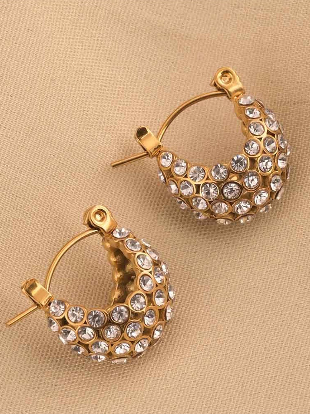 

PALMONAS Stainless Steel Gold-Plated Cubic Zirconia Circular Hoop Earrings