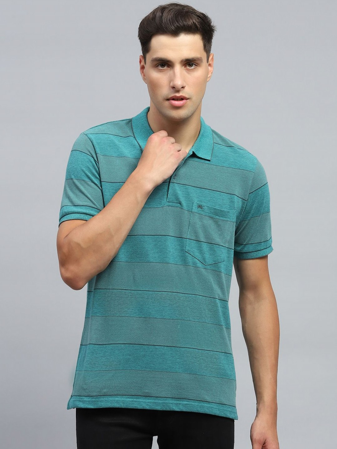 

Monte Carlo Men Striped Polo Collar Cotton T-shirt, Green
