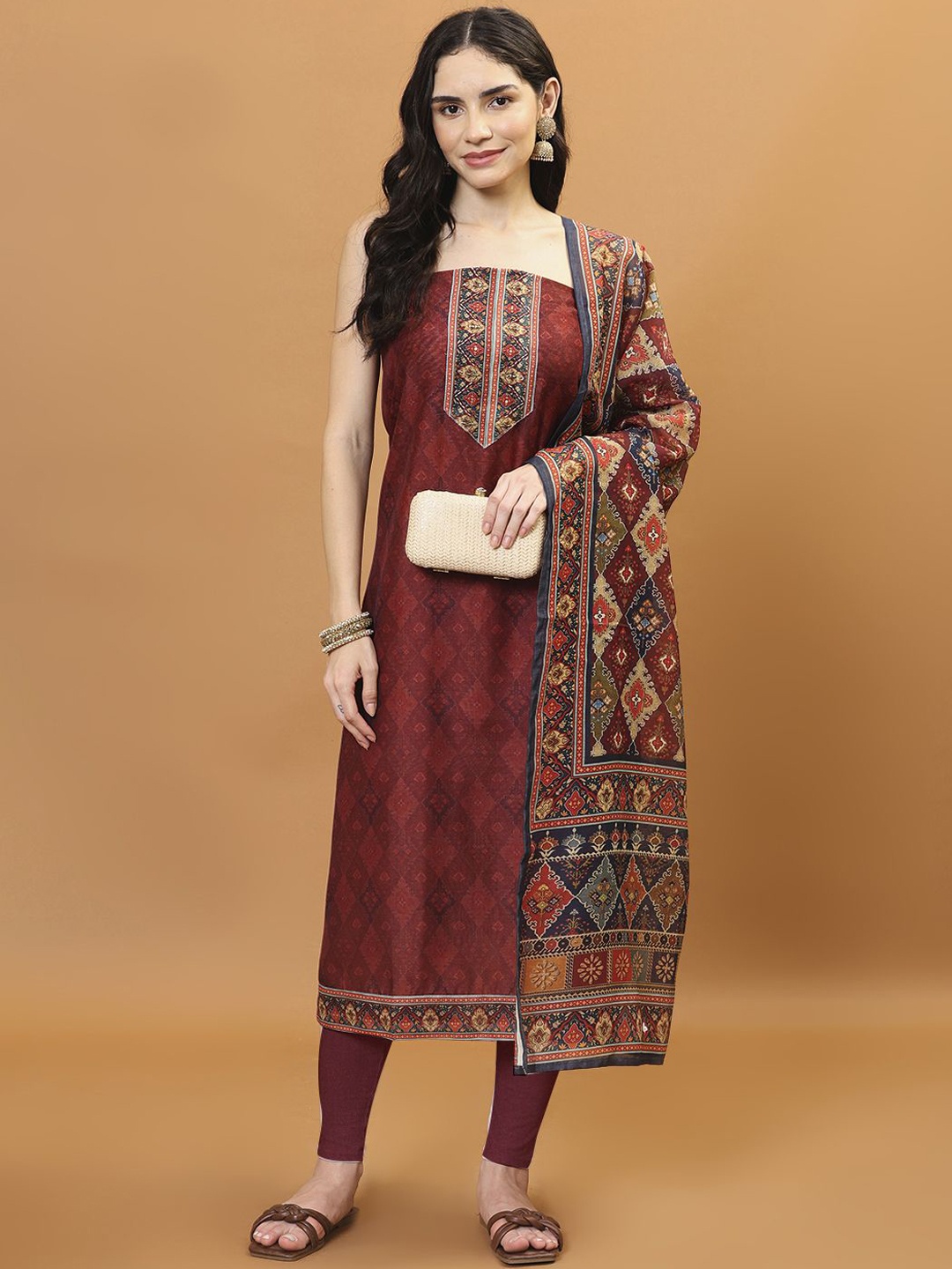 

Meena Bazaar Printed Art Silk Unstitched Dress Material, Maroon