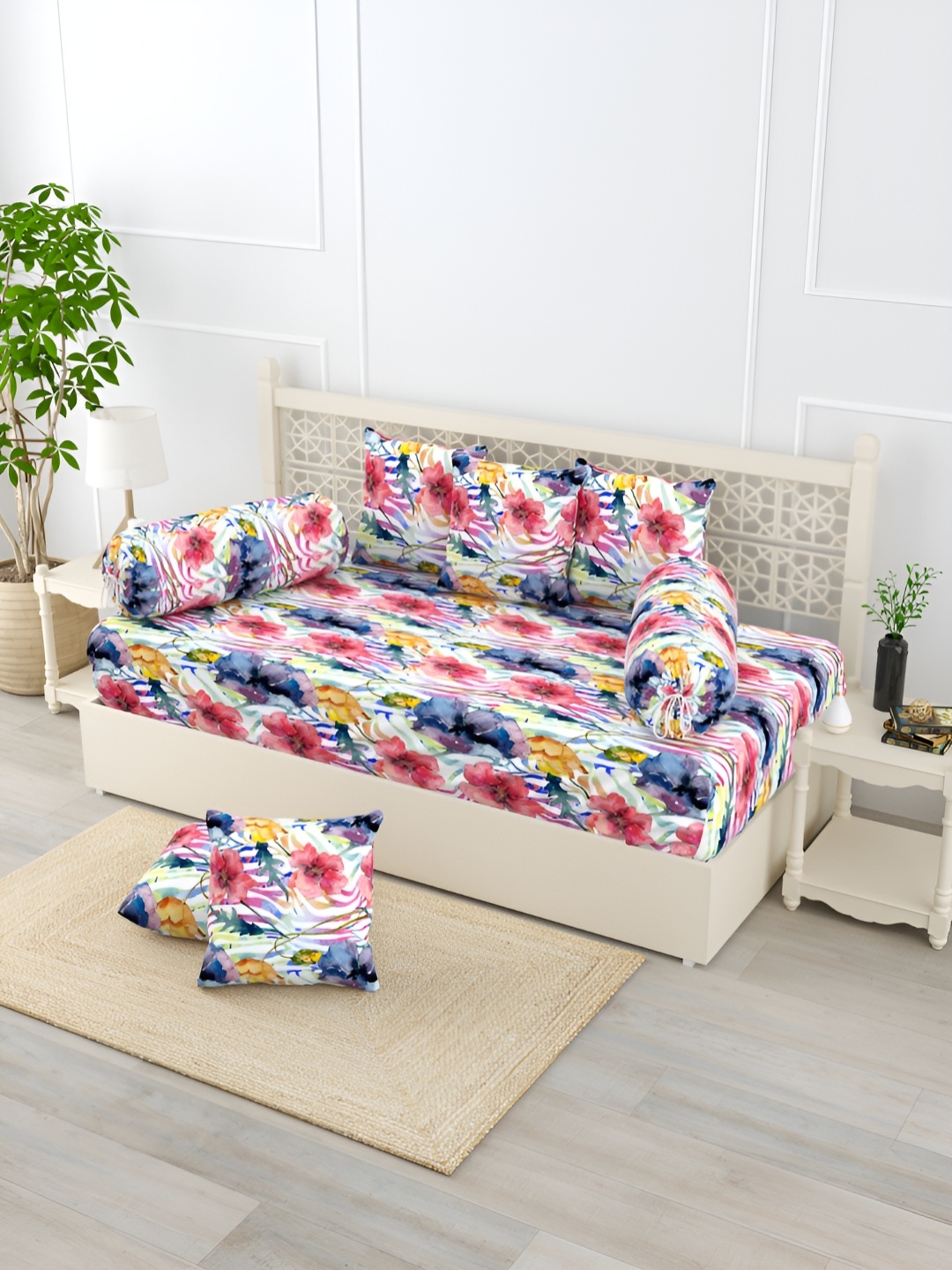 

EverHOME Blue & Pink 8 Pieces Floral Printed Pure Cotton Diwan Set