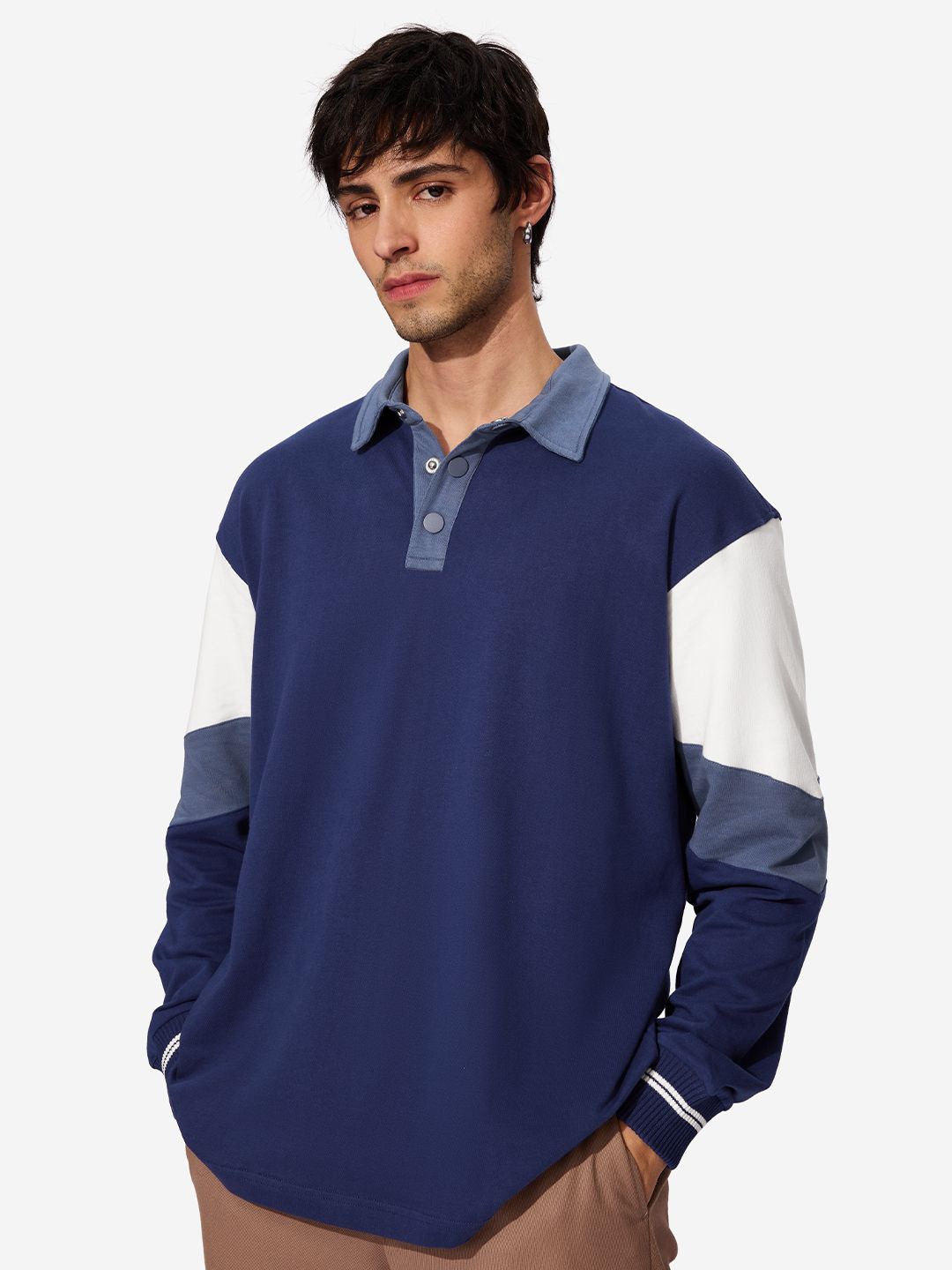 

The Souled Store Men Colourblocked Polo Collar Cotton Oversized T-shirt, Blue