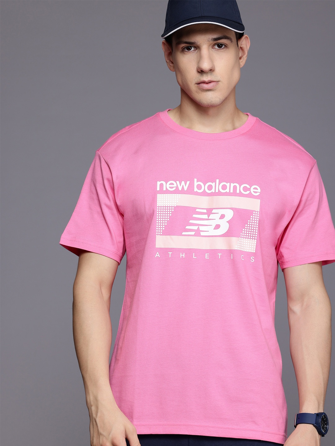 

New Balance Printed Drop-Shoulder Sleeves Pure Cotton Relaxed Fit T-shirt, Pink
