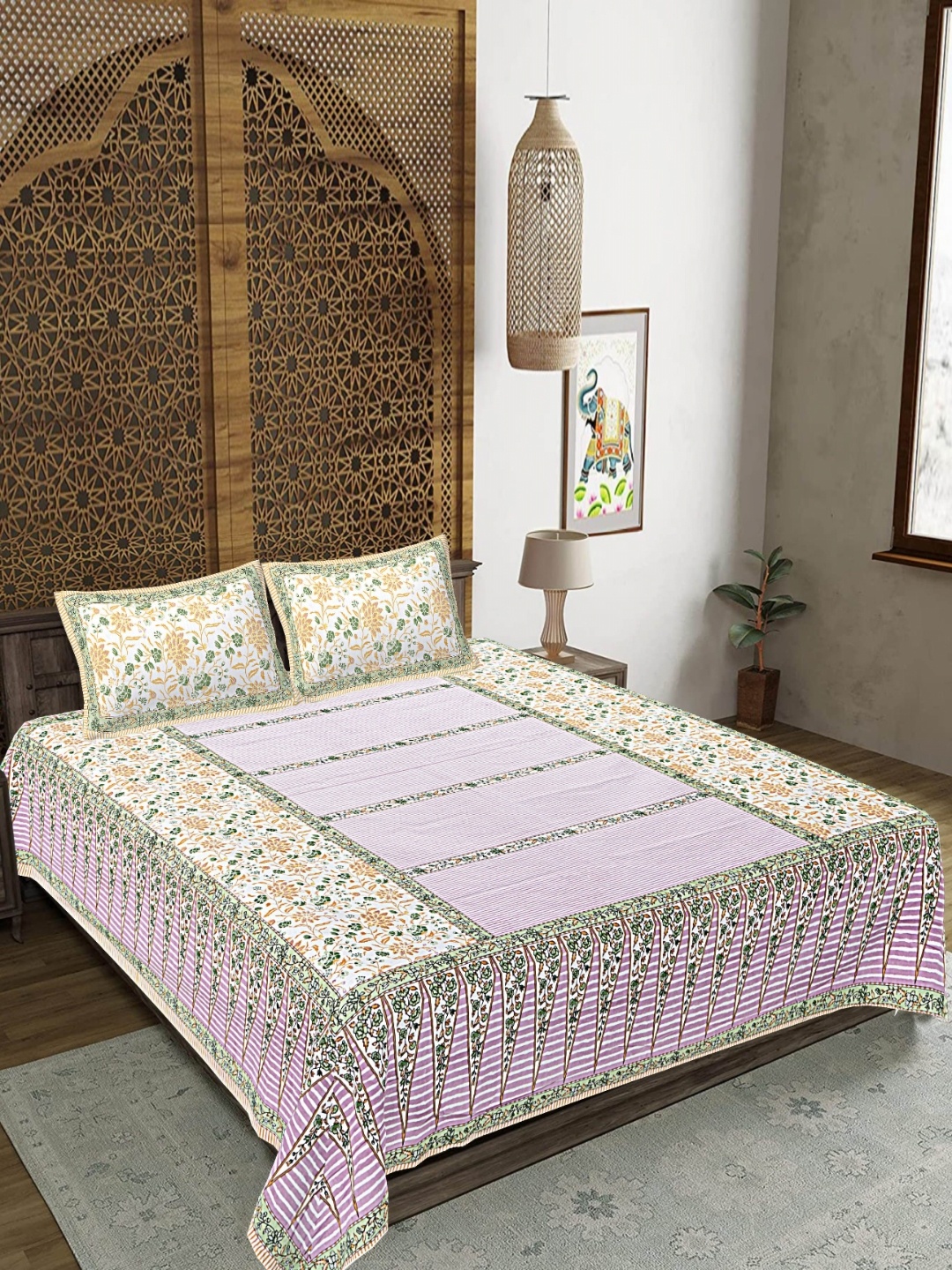 

FrionKandy Living Green & White Floral 180 TC King Bedsheet With 2 Pillow Covers