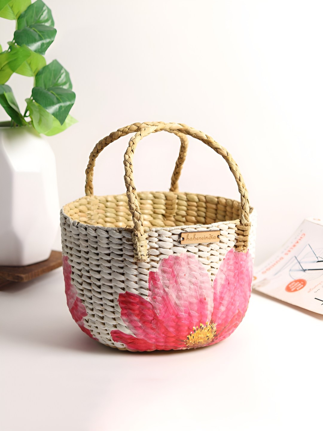 

HABERE INDIA Pink & White Seagrass Floral Printed Fruit And Vegetable Basket