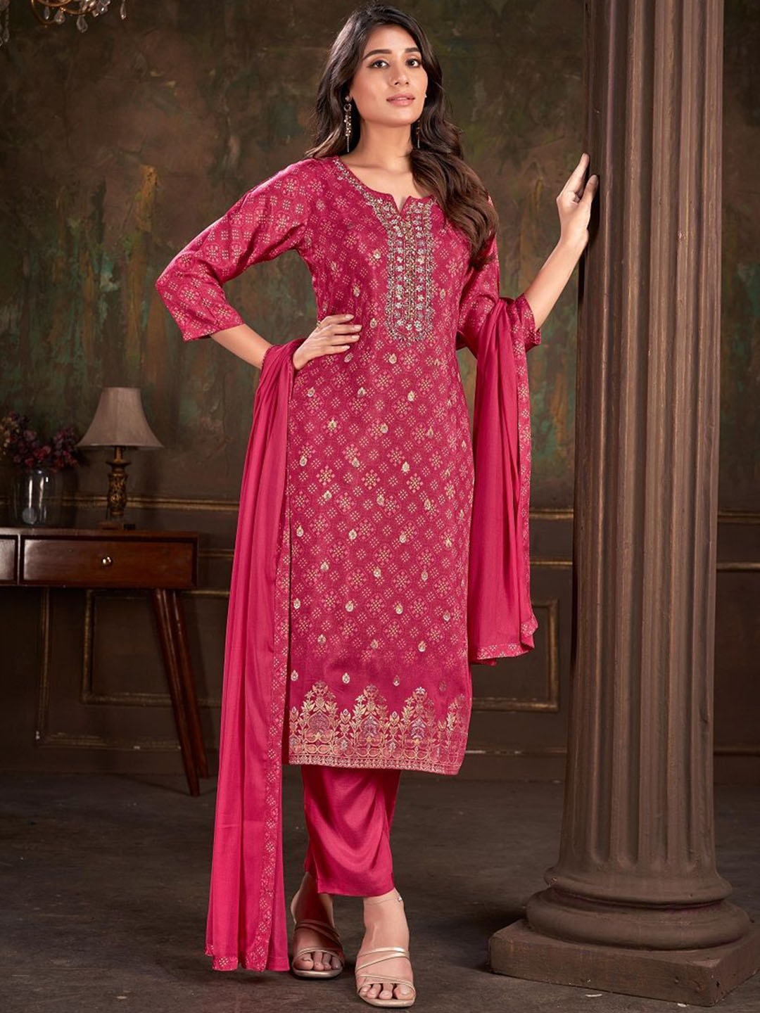 

JIVORA Floral Embroidered Beads and Stones Pure Silk Kurta with Trousers & Dupatta, Pink