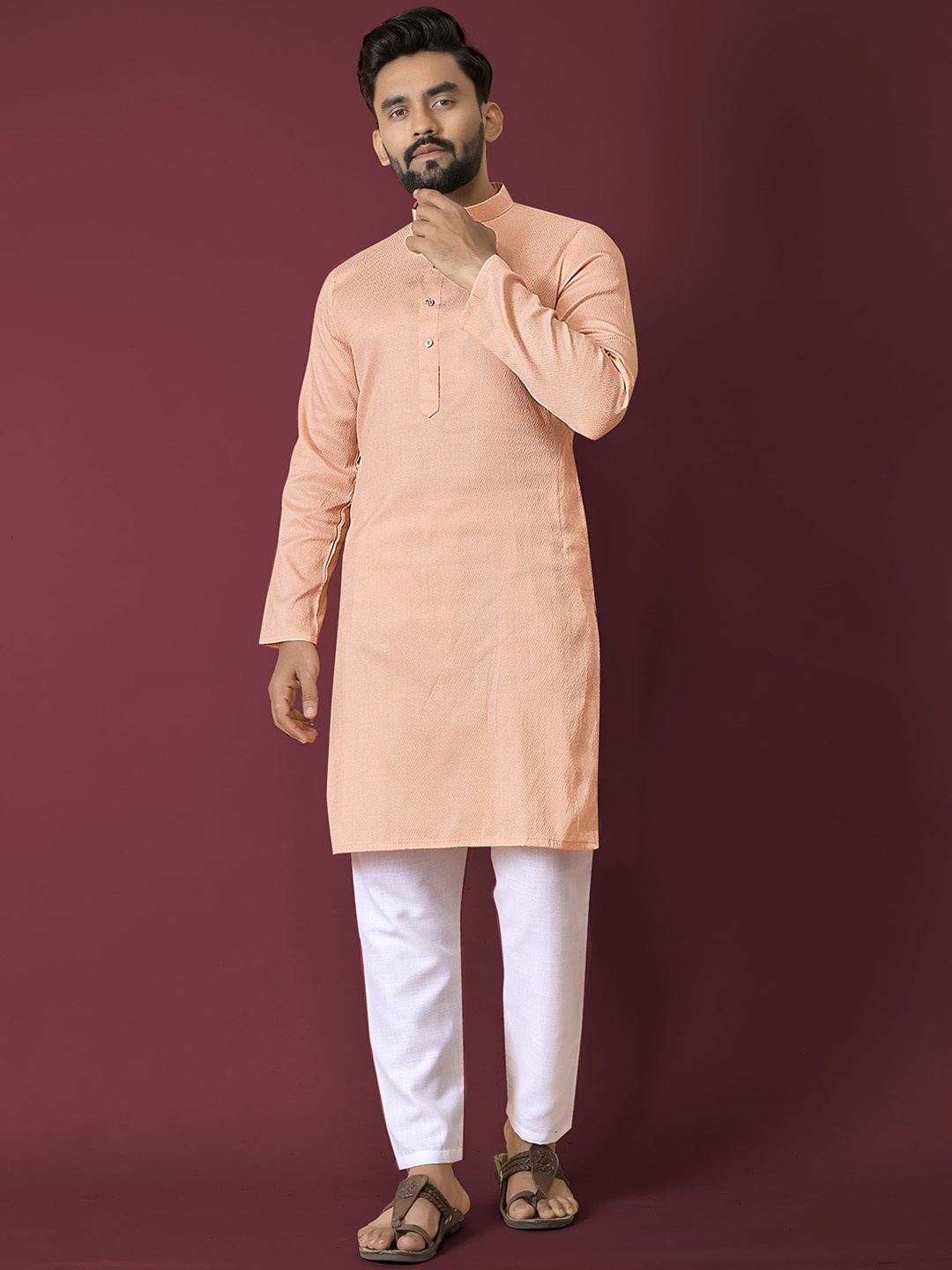 

Anaita Woven Design Mandarin Collar Jacquard Silk Straight Kurta, Orange