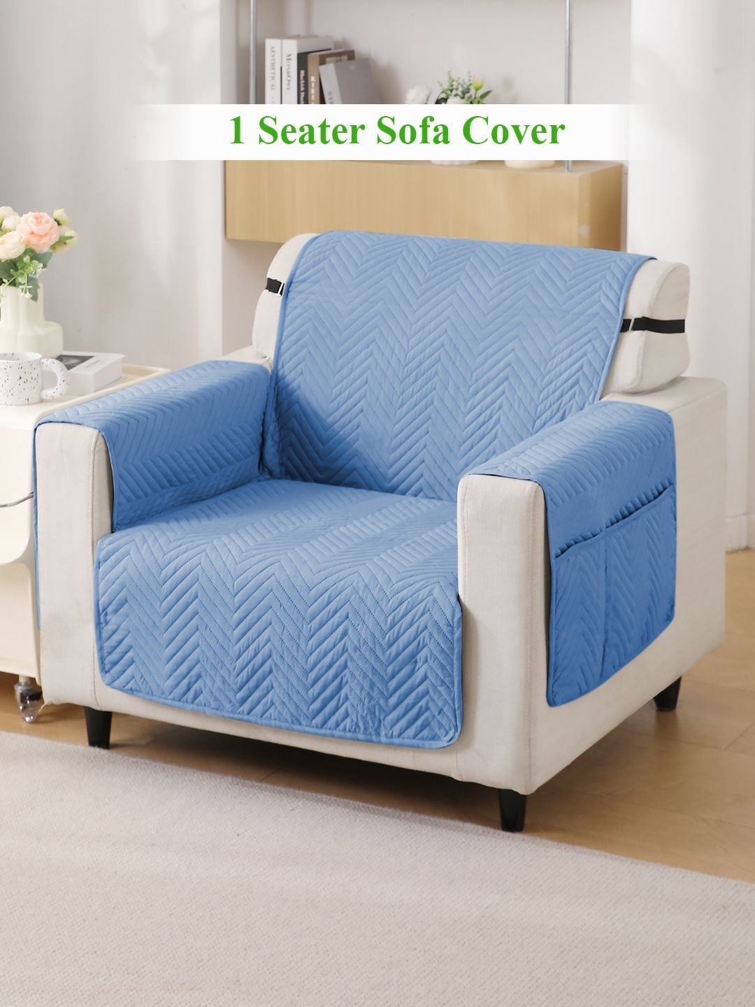 

HOKIPO Blue Self Design Single Seater Sofa Cover With Arms