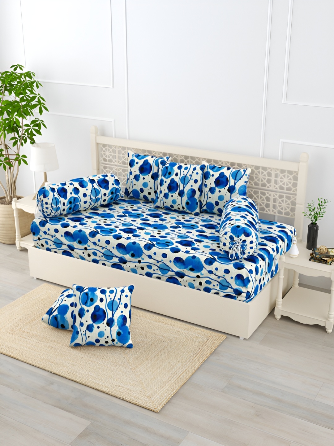 

EverHOME Blue & White 8 Pieces Floral Printed Pure Cotton Diwan Set
