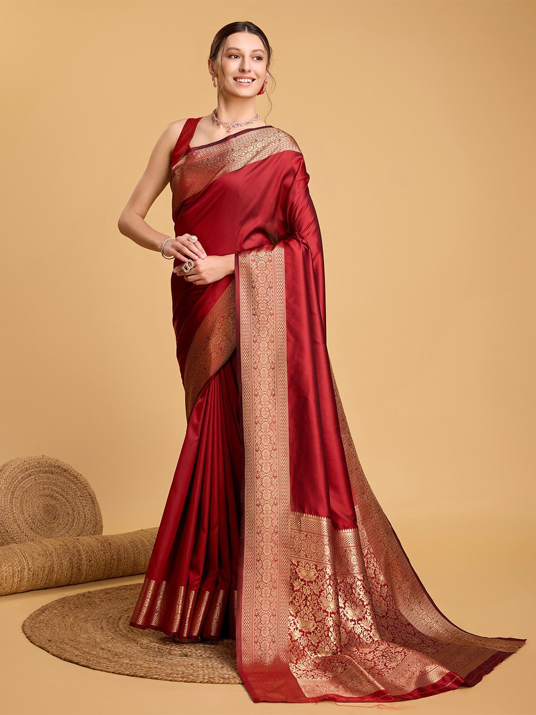 

bansari textiles Zari Silk Cotton Banarasi Saree, Red