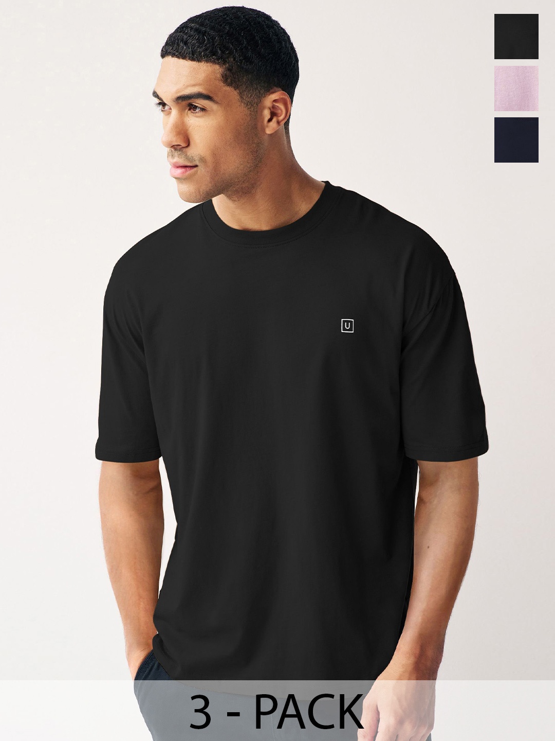 

Urbano Fashion Men Pack Of 3 Solid Round Neck Cotton Oversized T-shirts, Black