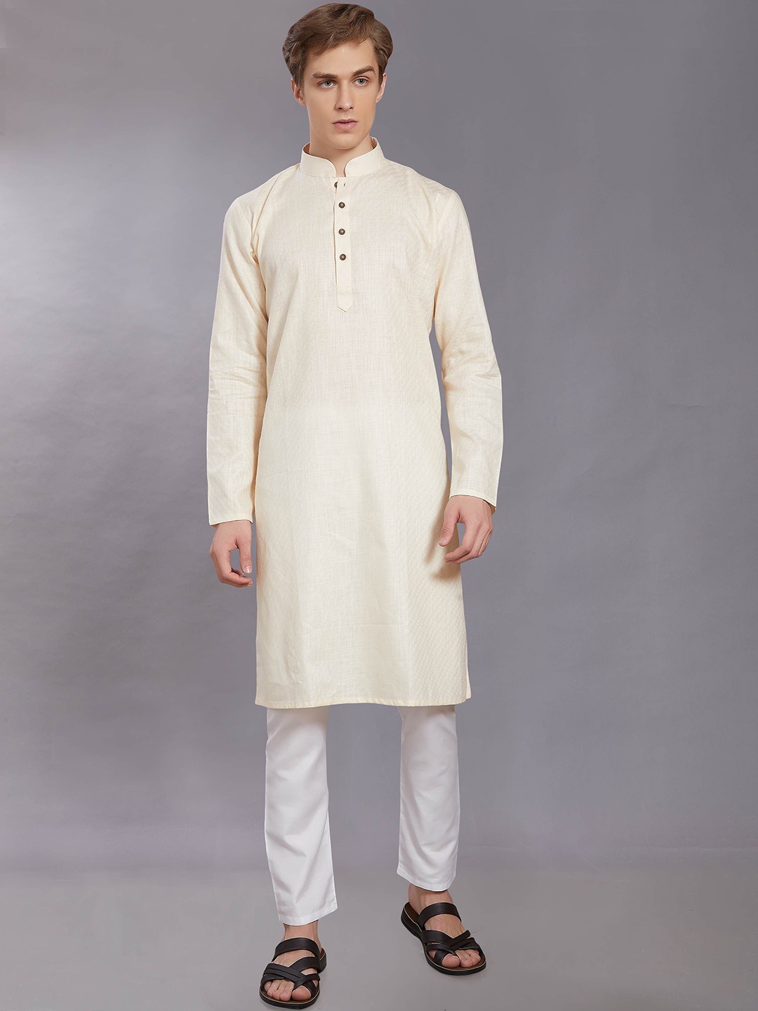 

DIVISIVE Woven Design Mandarin Collar Pure Cotton Straight Kurta, Cream