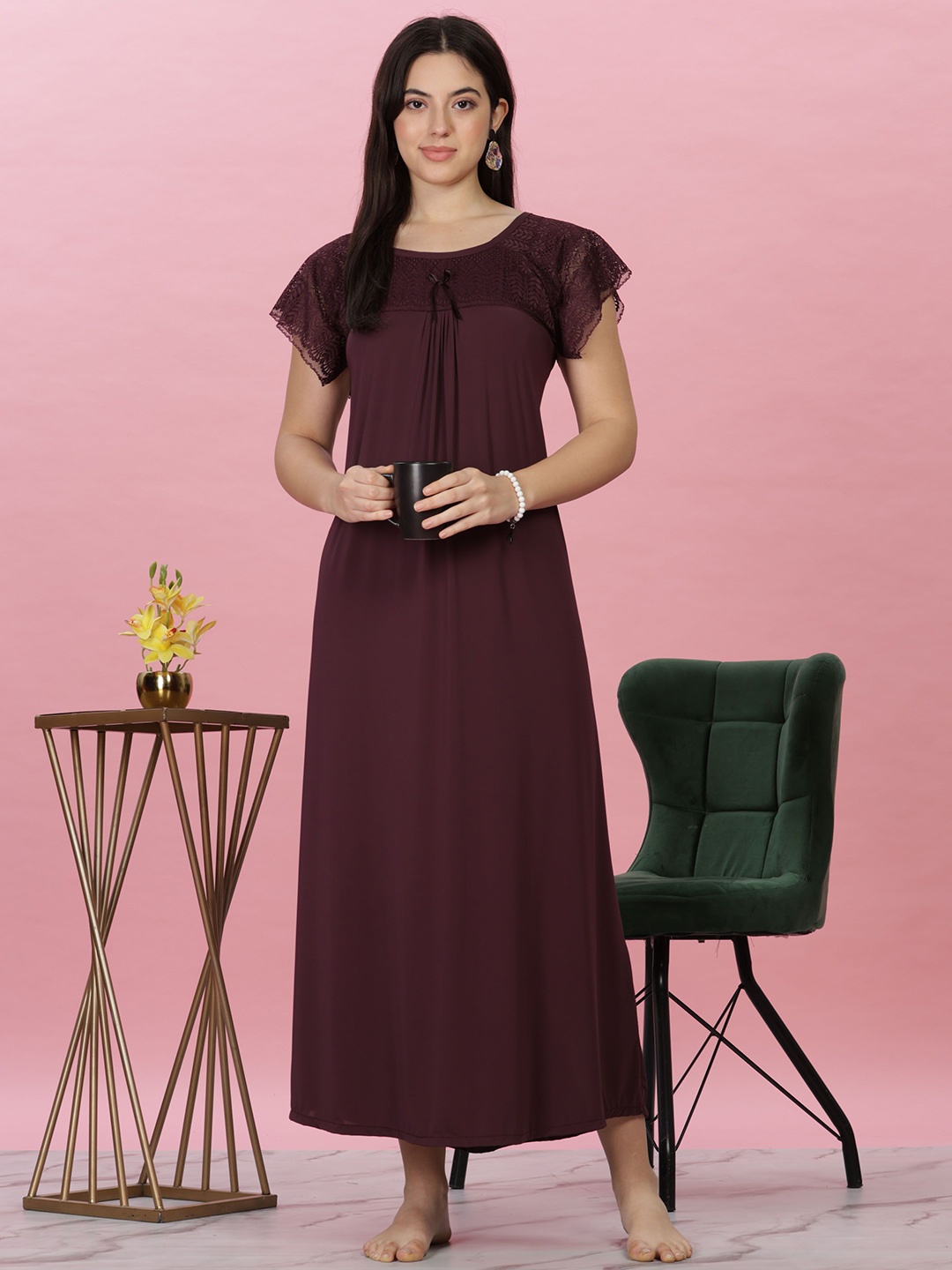 

9shines Label Round Neck Maxi Nightdress, Burgundy