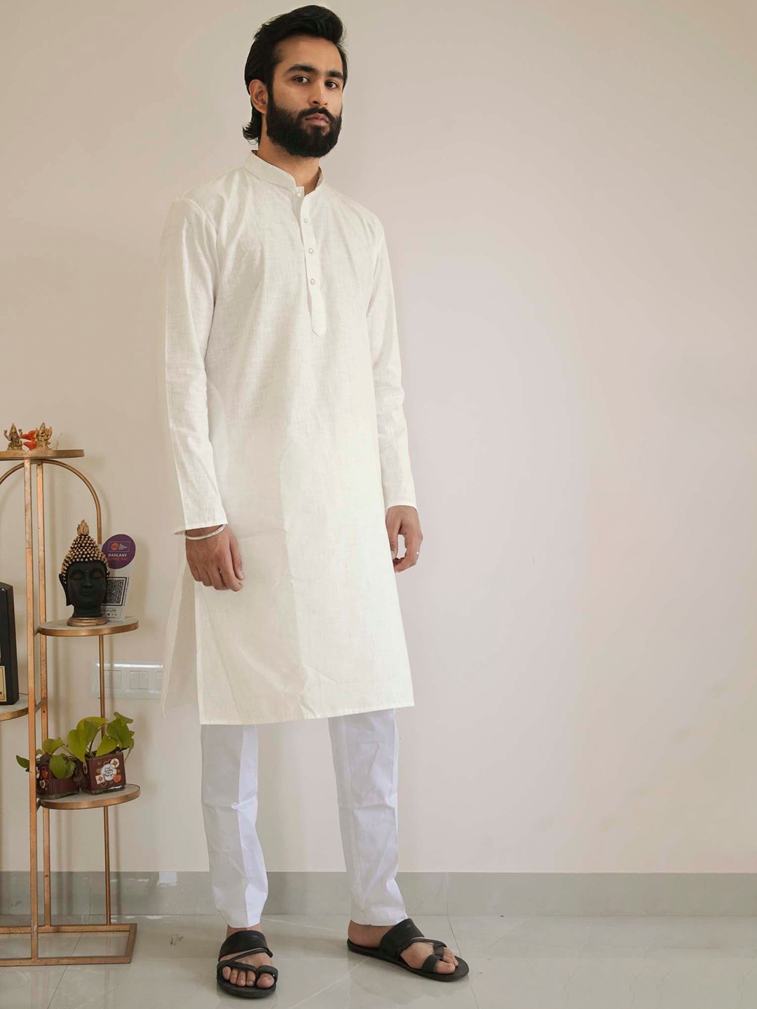 

Ethnic India Band Collar Straight Kurta, Cream