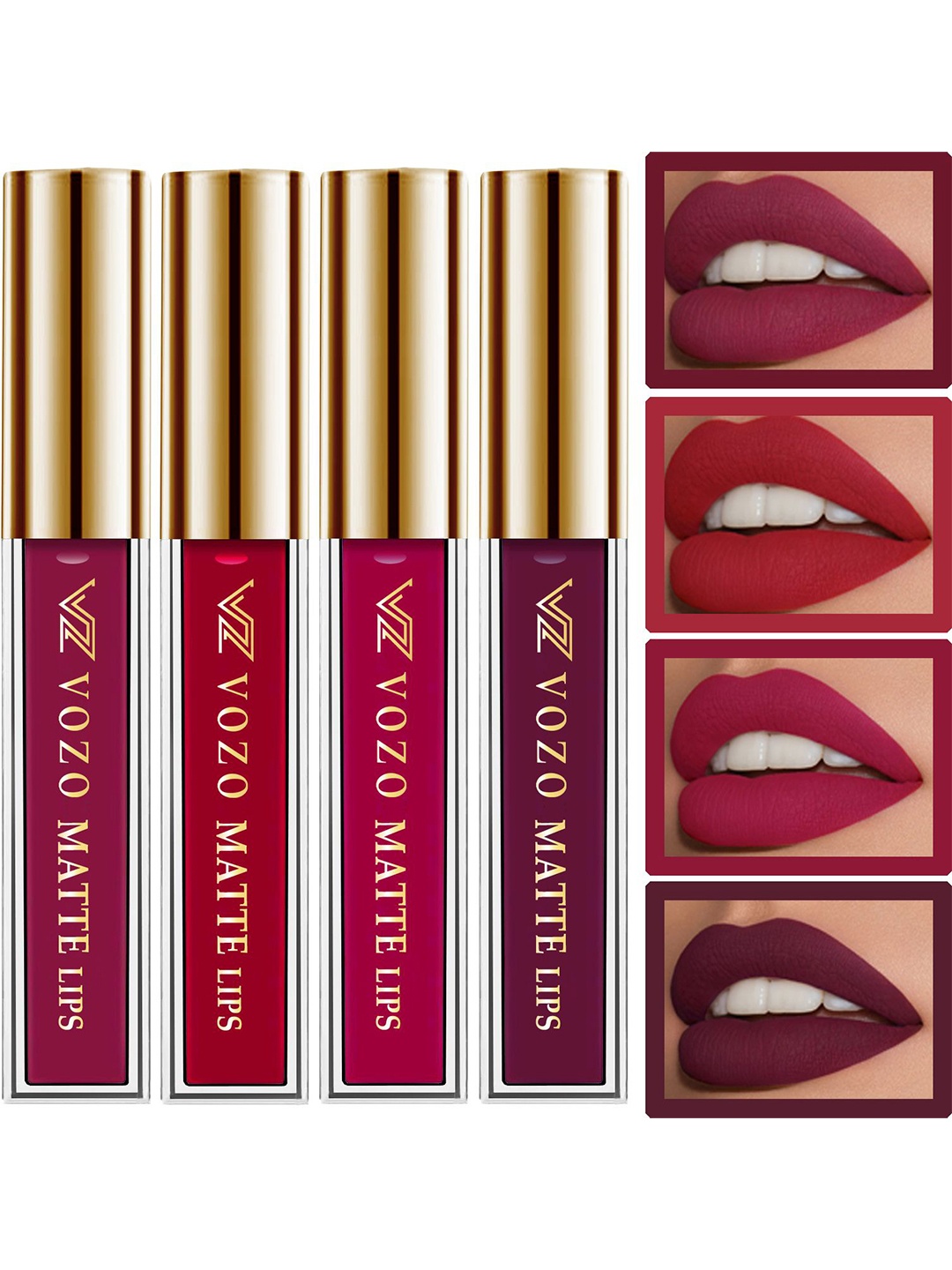 

VOZO Set Of 4 Matte Lips Liquid Lipstick- Cherry Red101- Red104- Magenta105- Wine 201 New, Red