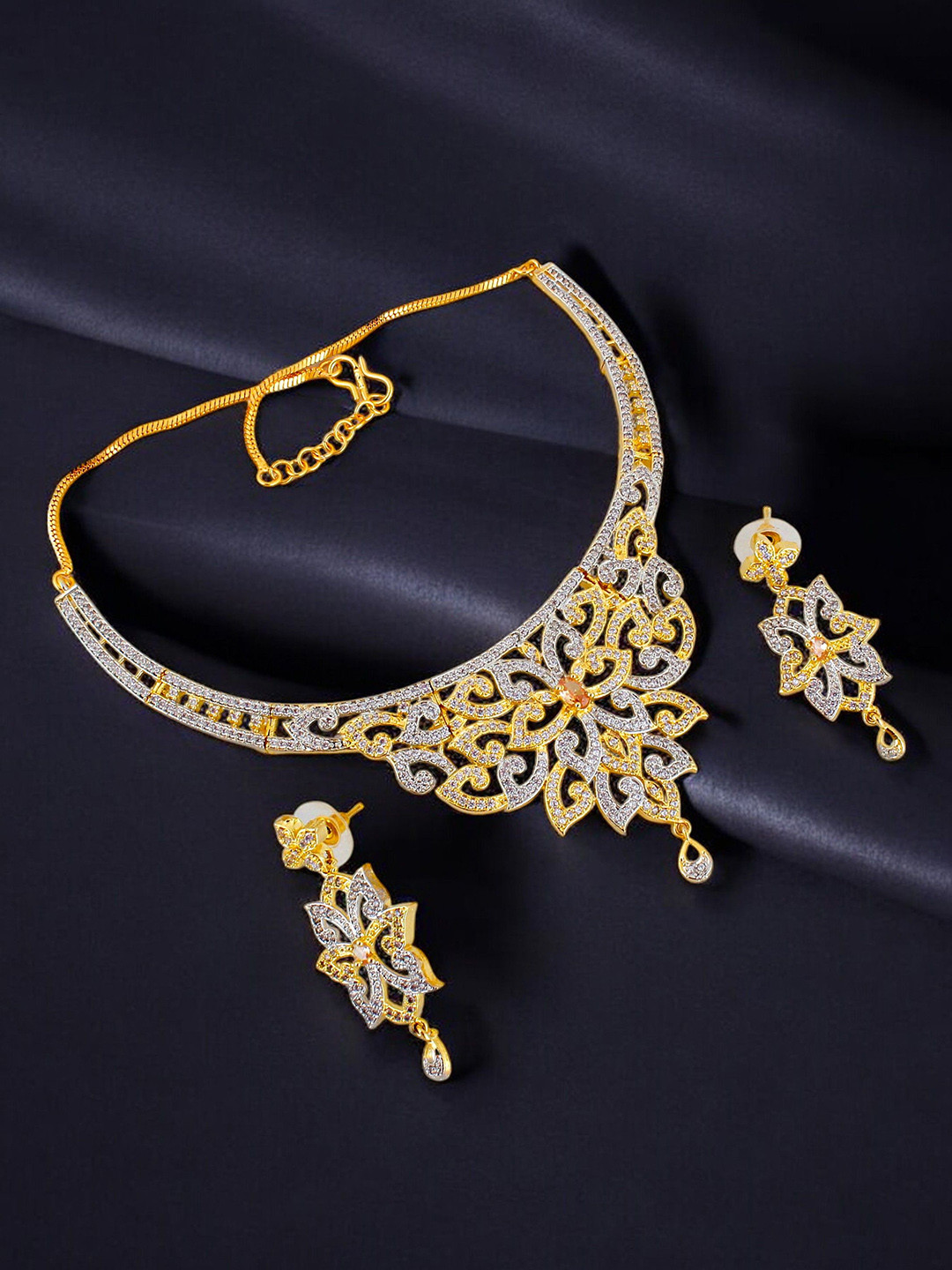 

LUCKY JEWELLERY 18K Gold Plated American Diamond Stone Studded Jewellery Set