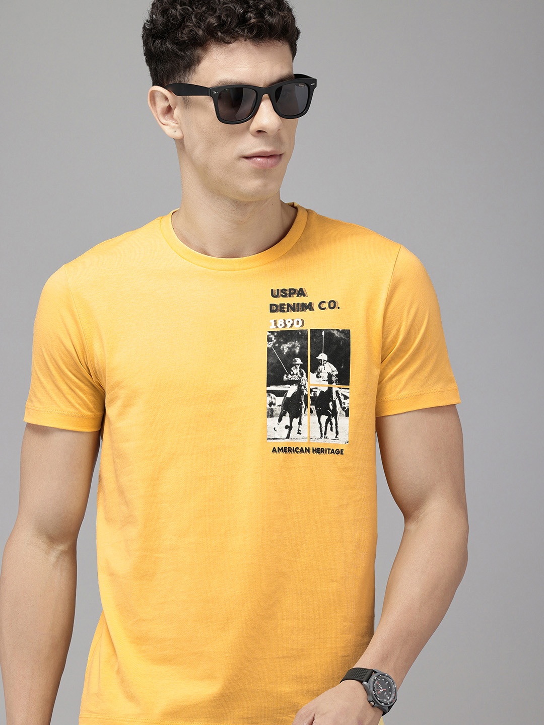 

U.S. Polo Assn. Denim Co. Graphic Printed Pure Cotton Slim Fit T-shirt, Yellow