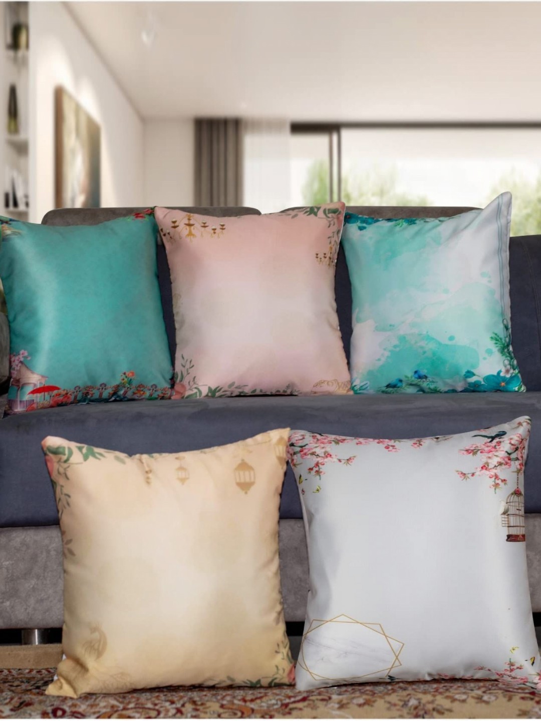 

Vendola Blue & Gold-Toned 5 Pieces Floral Satin Square Cushion Covers