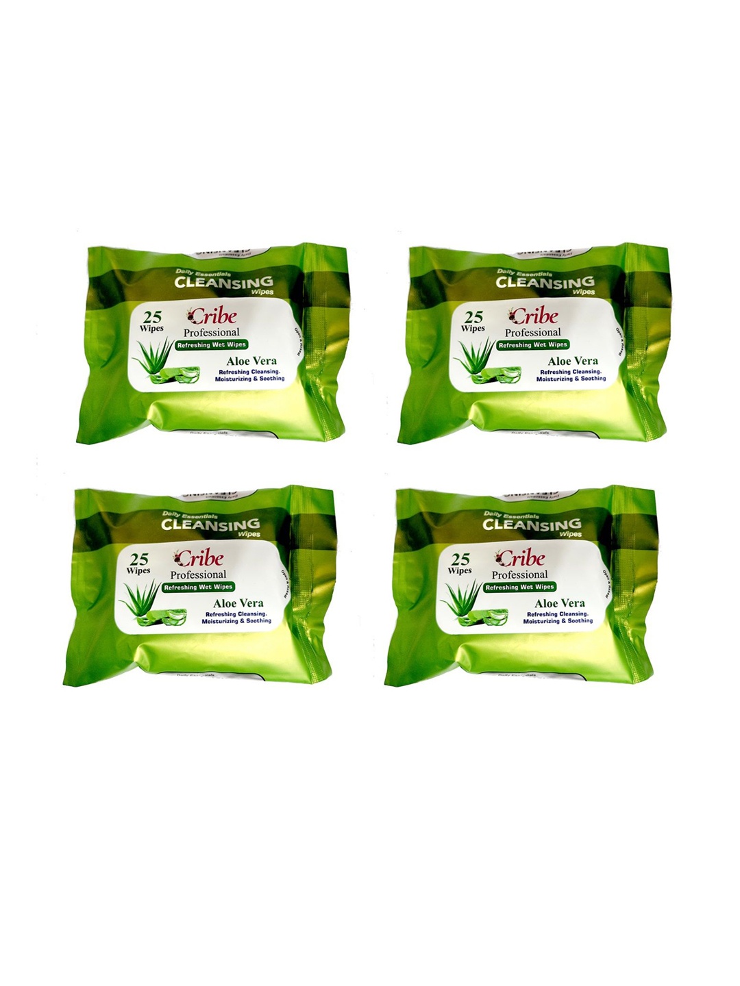 

CRIBE Set Of 4 Aloe Vera Extract Wet Cleansing Wipes With Vitamin E - 25 Wipes Each, Green