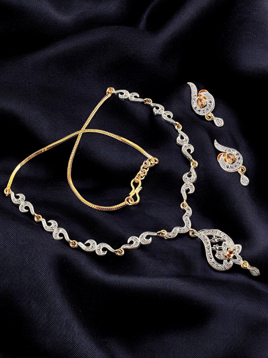 

LUCKY JEWELLERY 18K Gold Plated American Diamond Stone Studded Jewellery Set