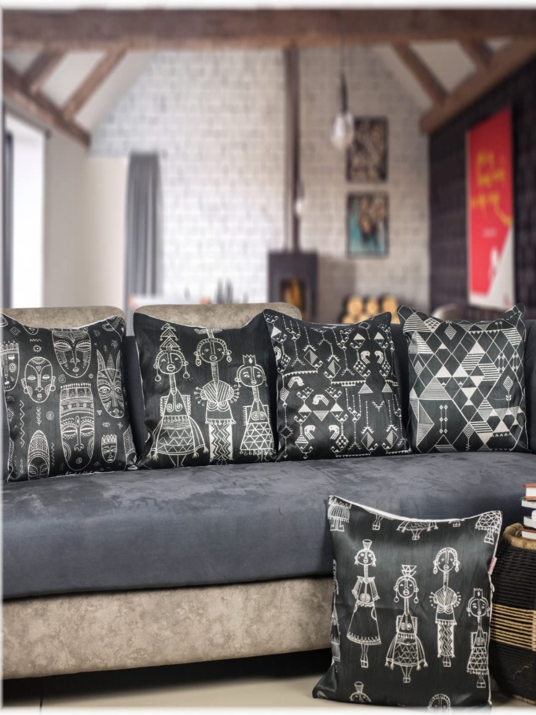 

Vendola Black & Off White 5 Pieces Ethnic Motifs Printed Satin Square Cushion Covers