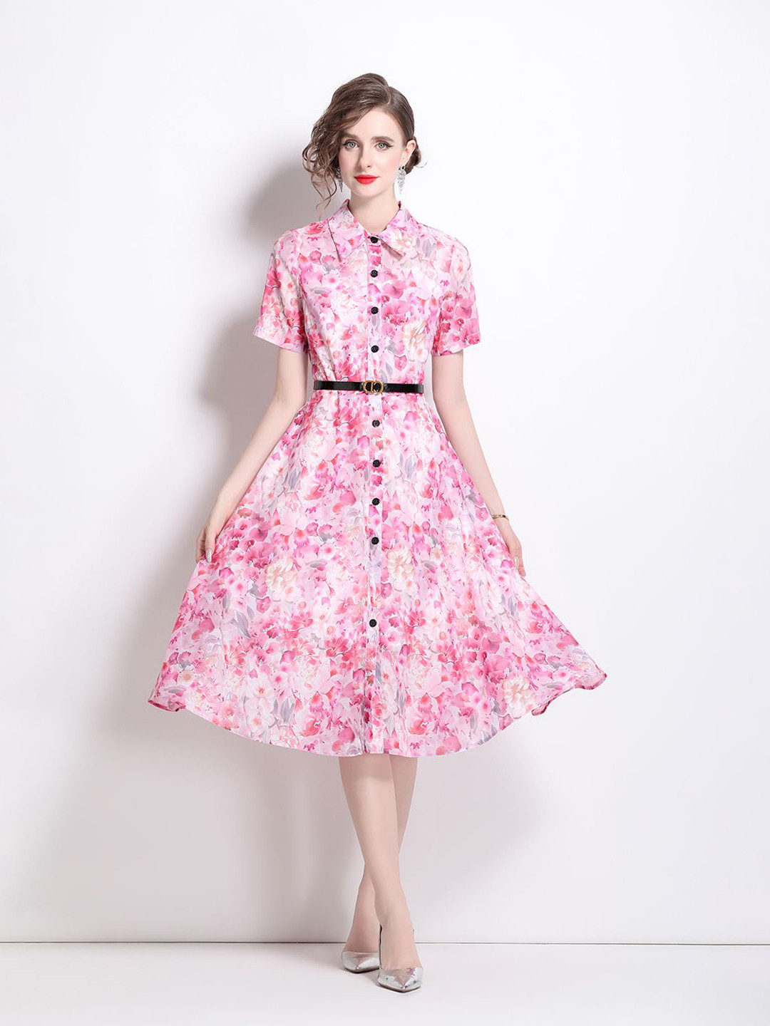 

JC Collection Floral Printed Shirt Midi Dress, Pink