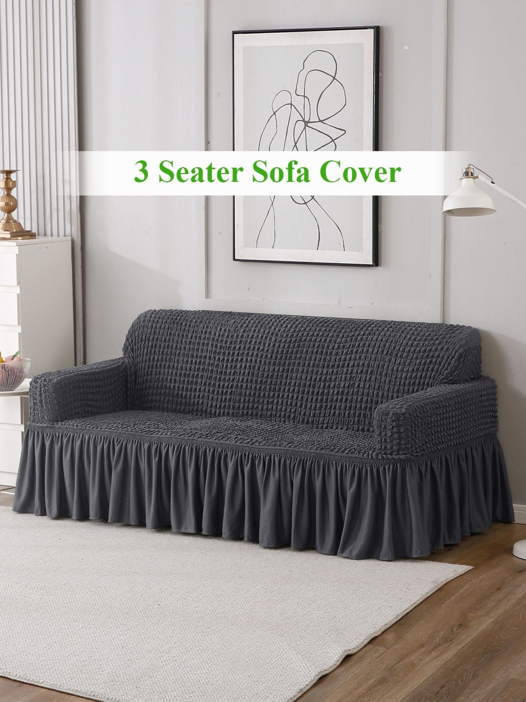 

HOKIPO Grey Self Design 3-Seater Stretchable Sofa Cover With Arms