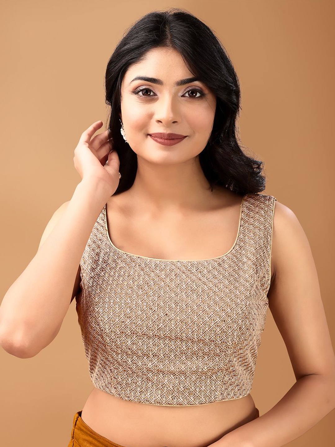 

Tikhi Imli Sequin Embellished Sleeveless Saree Blouse, Beige