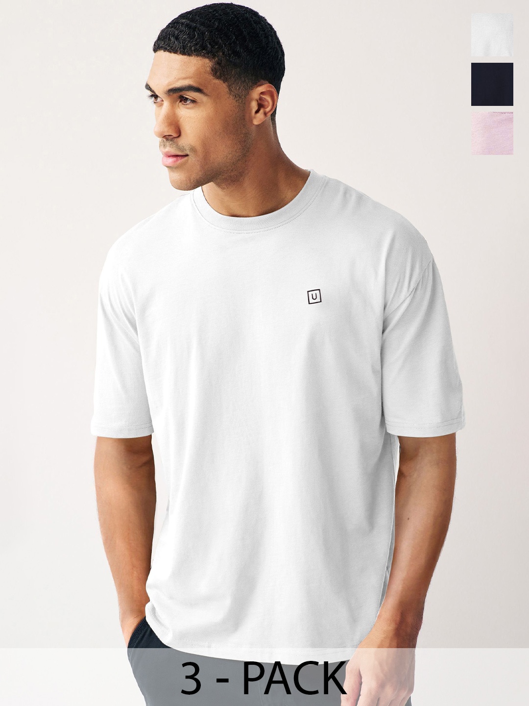 

Urbano Fashion Men Pack Of 3 Solid Round Neck Cotton Oversized T-shirts, White