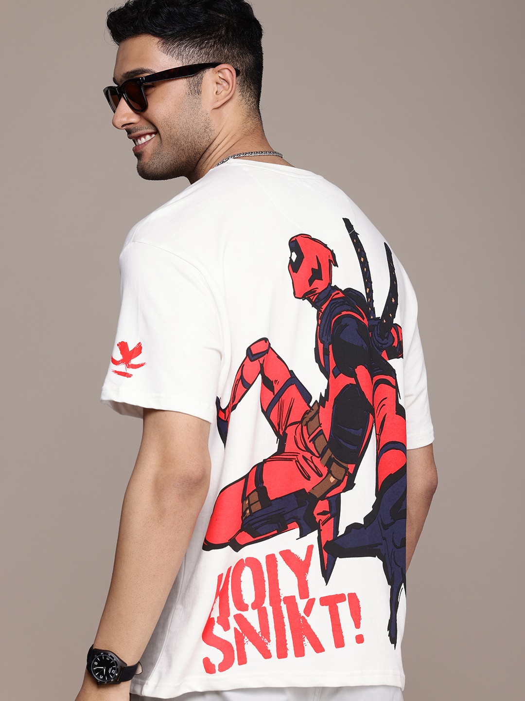 

WROGN x DEADPOOL & WOLVERINE Printed Drop-Shoulder Sleeves Pure Cotton Oversized T-shirt, White