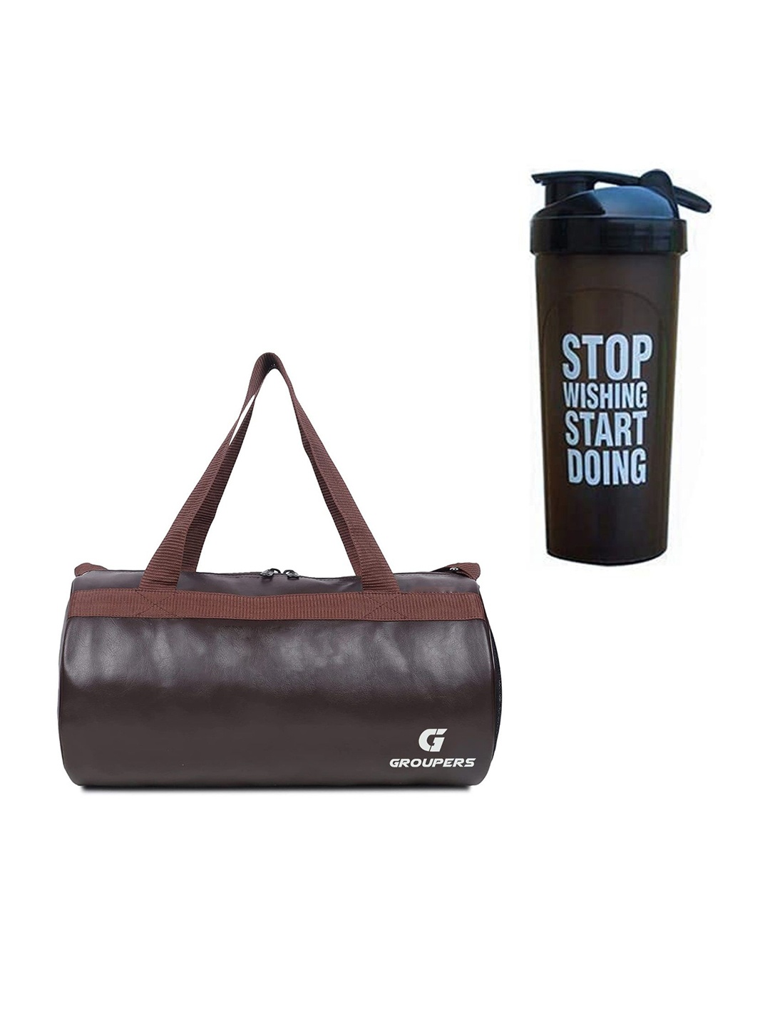 

GROUPERS Small Foldable Gym Duffel Bag with Shaker Bottle, Brown