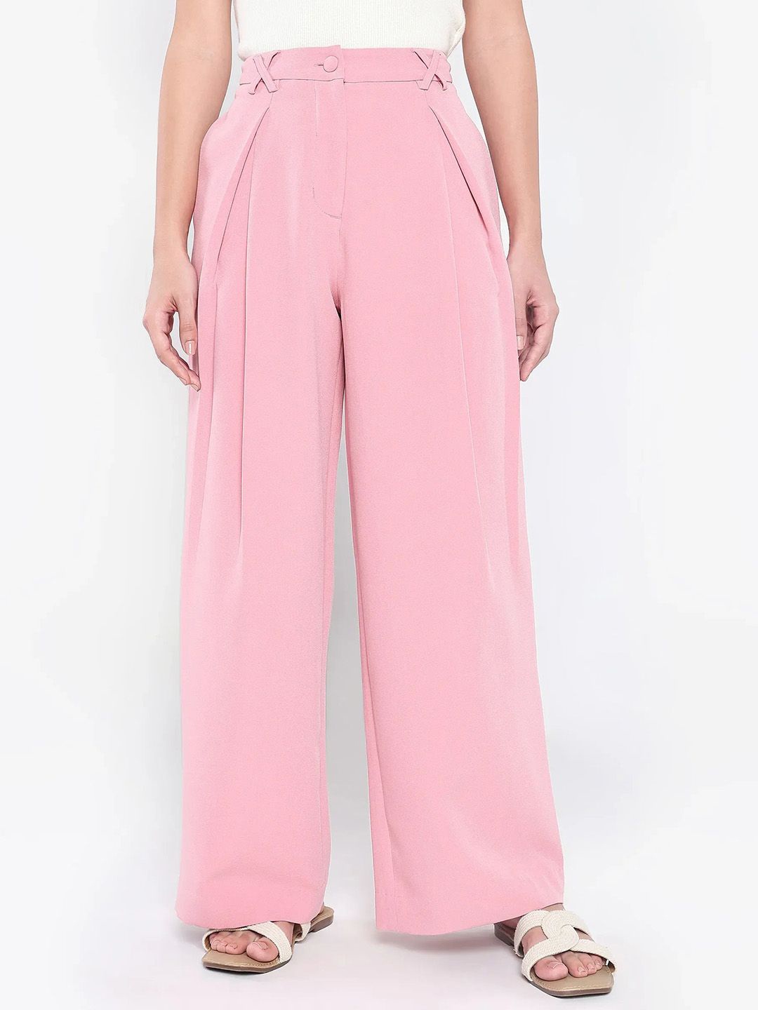 

RAREISM Women Loose Fit High-Rise Pleated Parallel Trousers, Pink