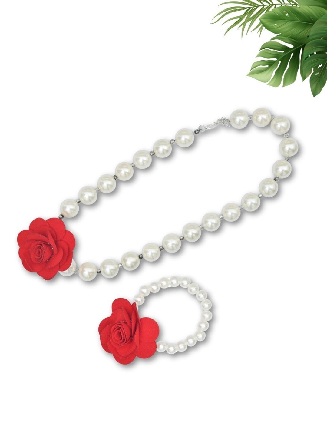 

FUNKRAFTS Floral Beaded Necklace With Bracelet Jewellery Set, Red