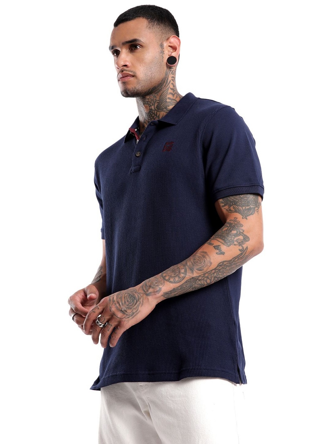 

WROGN Men Solid Polo Collar Pure Cotton Slim Fit T-shirt, Navy blue