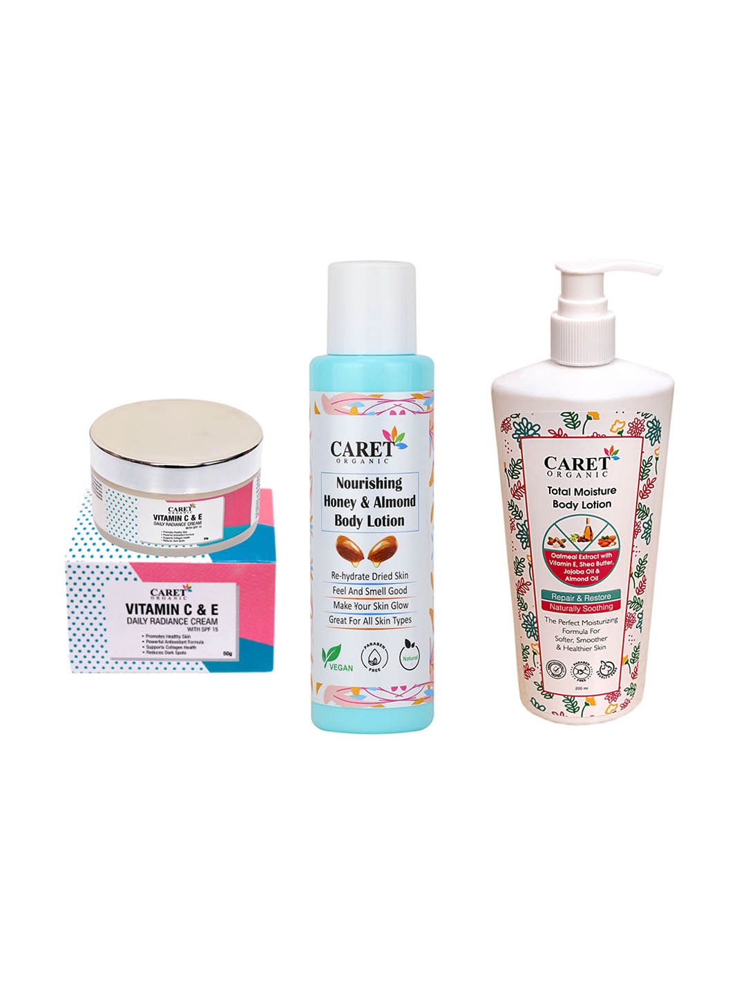 

CARET ORGANIC Set Of 3 Radiance Cream- 50g- Almond Body Lotion-100ml & Body Lotion-200ml, White