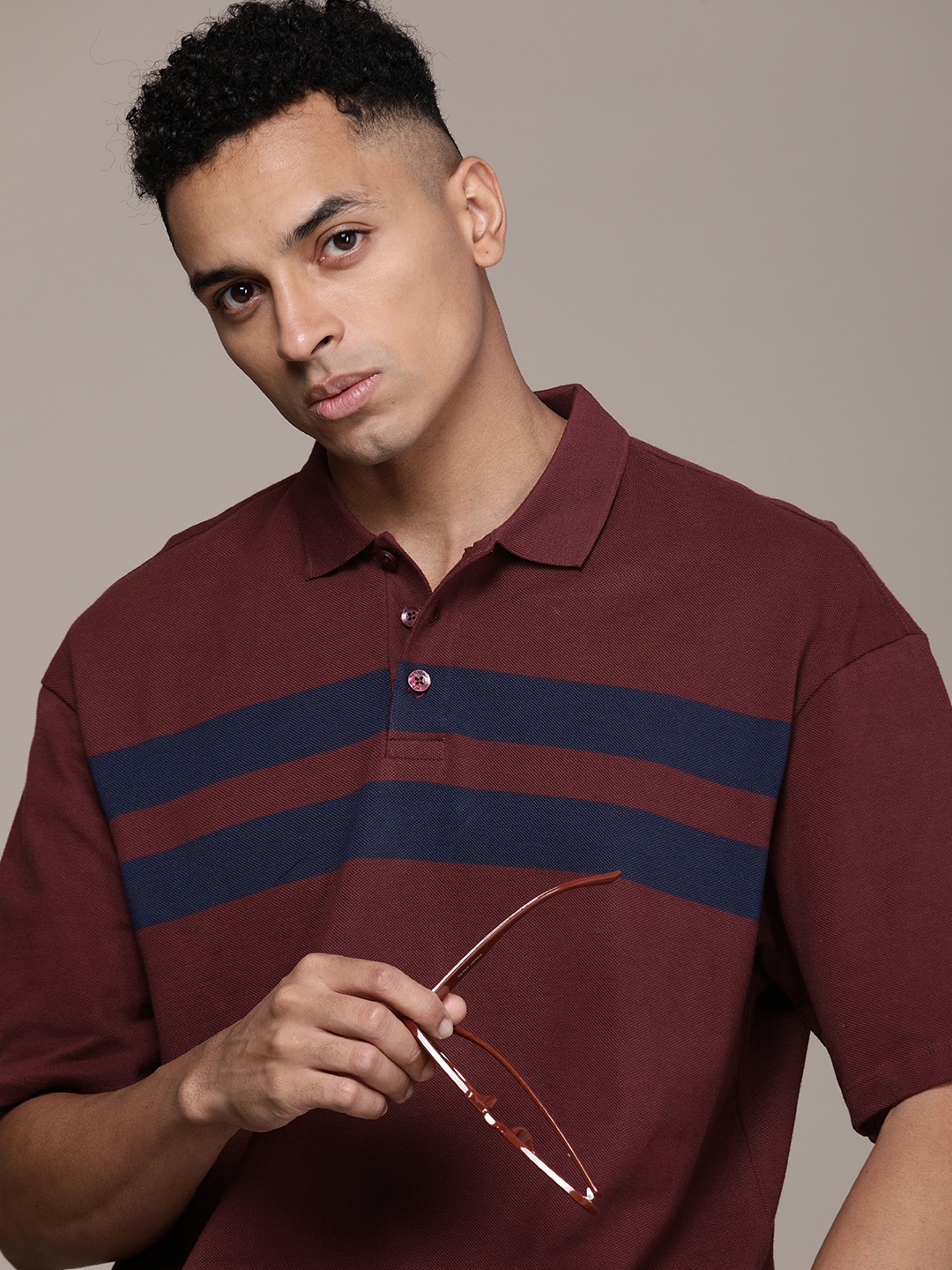

The Roadster Life Co. Striped Polo Collar Pure Cotton T-shirt, Maroon