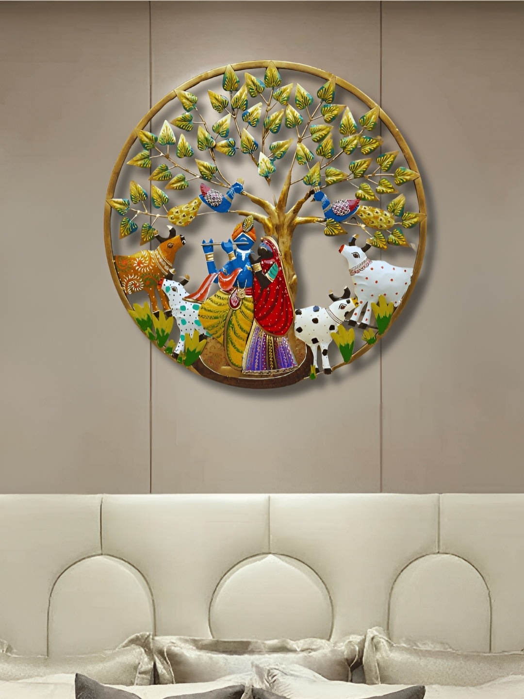 

ANSHIKA INTERNATIONAL Gold-Toned & Red Metal Radha Krishna Cow Wall Decor