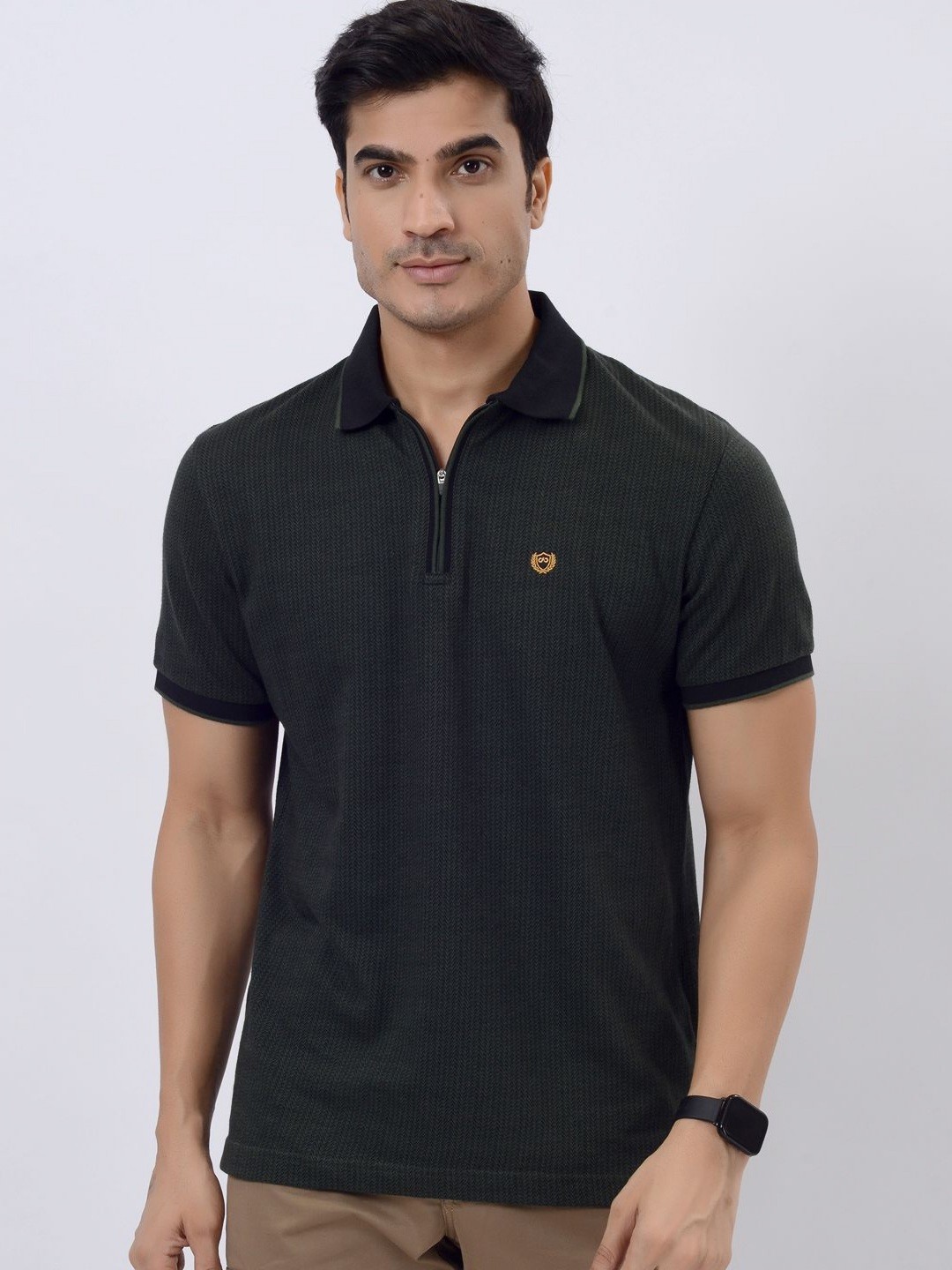 

JADE BLUE Men Printed Polo Collar Pure Cotton Pockets Slim Fit T-shirt, Green